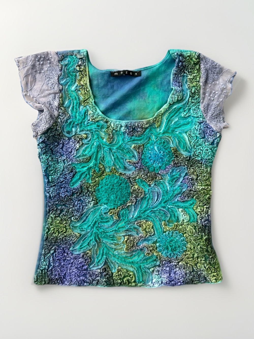Vintage Mezon Teal Aqua Floral Short Sleeve Scoop Neck Top